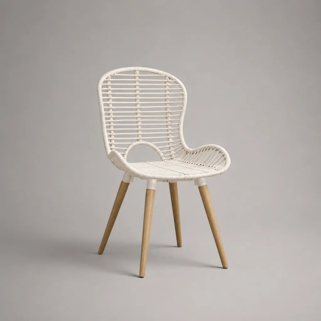 Sedia intrecciata, in metallo e legno, bianca e naturale, 52 × 57 × 83 cm