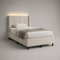 Letto singolo imbottito in tessuto beige 90 × 200 cm con testiera con pannelli verticali
