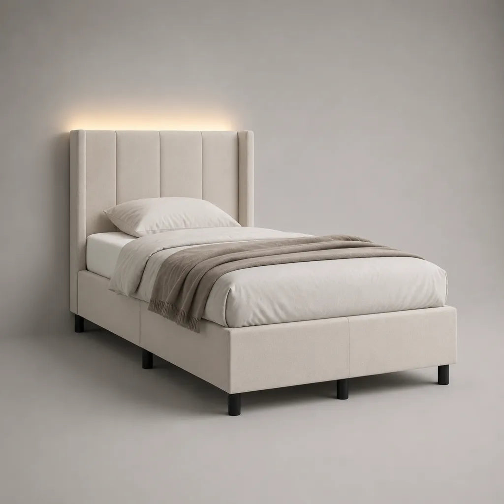 Letto singolo imbottito in tessuto beige 90 × 200 cm con testiera con pannelli verticali