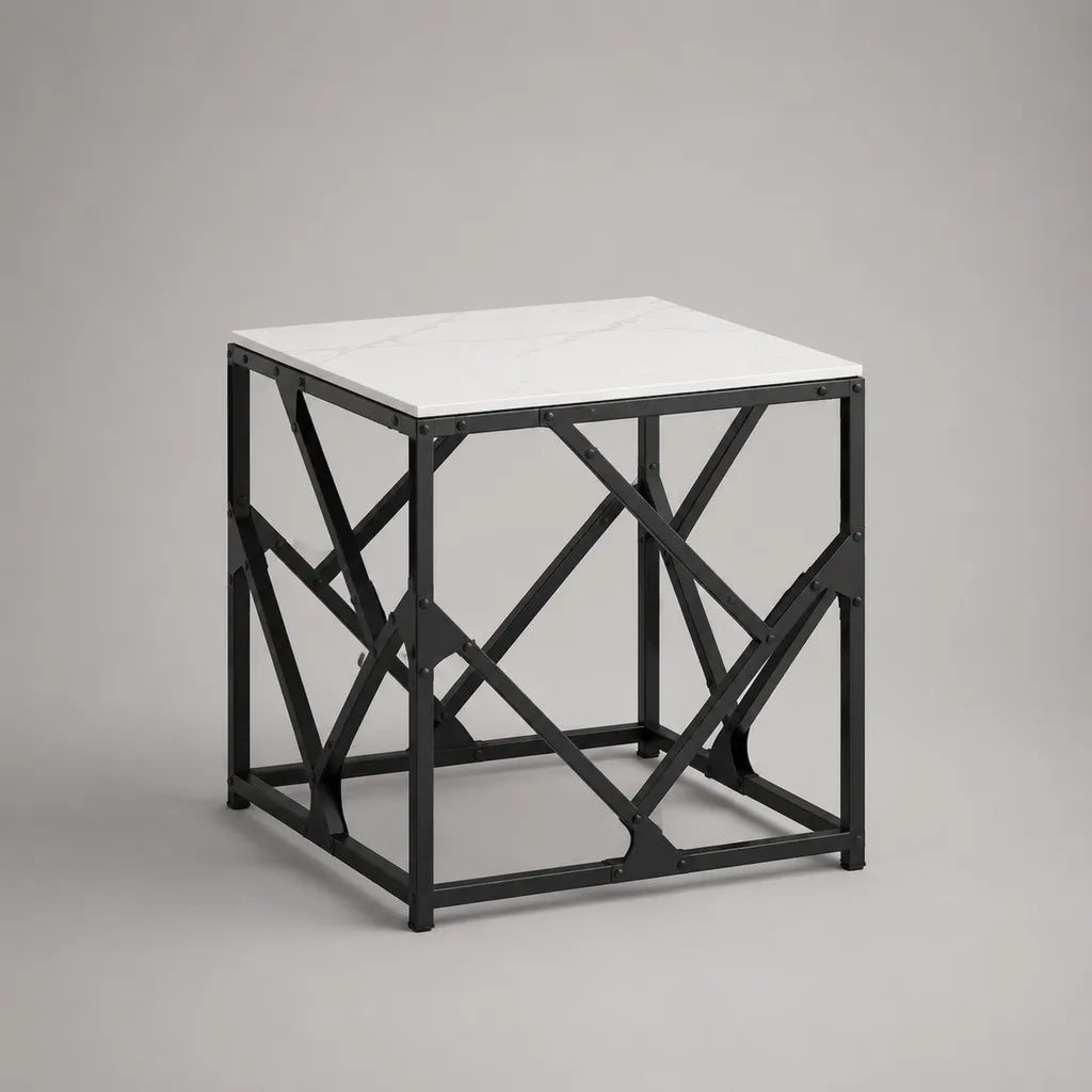 Tavolo quadrato in legno e acciaio, 50 × 50 × 50 cm, marmo bianco e effetto nero