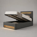 Cassa matrimoniale letto in pelle con illuminazione a LED e piano con latte, antracite, letto 160 × 200 cm, dimensioni 170 × 215 × 110 cm