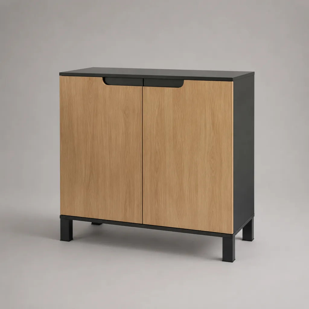 Contenitore rettangolare con 2 porte in legno e acciaio, rovere naturale e antracite, 80 × 40 × 90 cm